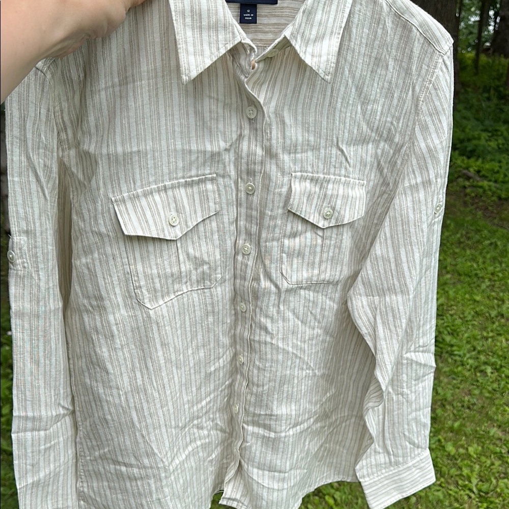 Linen Lands’ End Striped Button Down Shirt Sz 12 - Picture 4 of 13